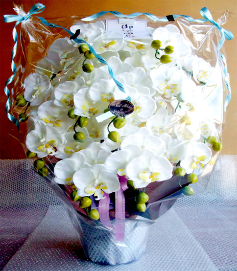 光触媒 造花 胡蝶蘭アレンジ特大サイズ陶器仕様F(12本立ち・ホワイトイエロー・仏仕様)