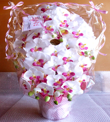 光触媒 造花 胡蝶蘭アレンジ特大サイズ陶器仕様C(6本立ち)のラッピング